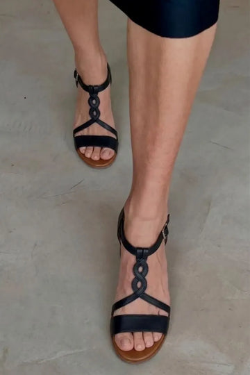 Vintage Black Round Toe Braided T-Strap Casual Sandals