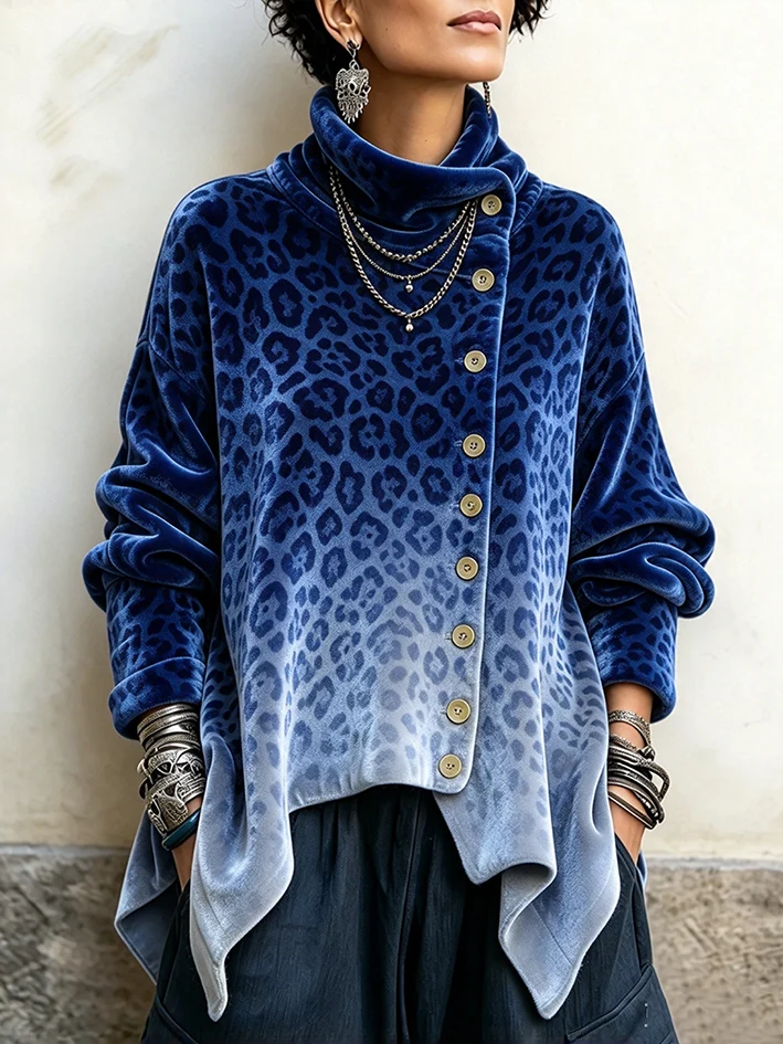 🤲LAST DAY SAVE 49% 🐆Leopard Velvet Asymmetrical Button Top – Cozy & Effortlessly Chic