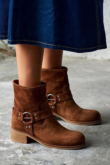 Solid Color Round Toe Patchwork Brown Mid Boots