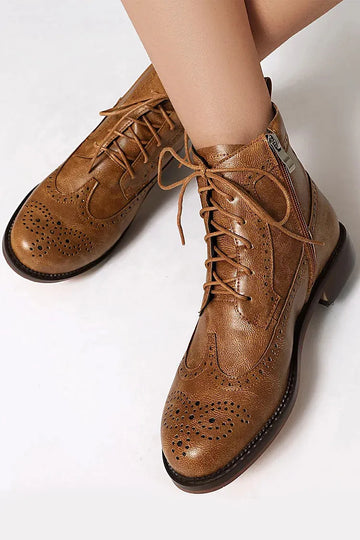 Solid Color Patchwork Hollow Out Round Toe Lace Up Ankle Boots