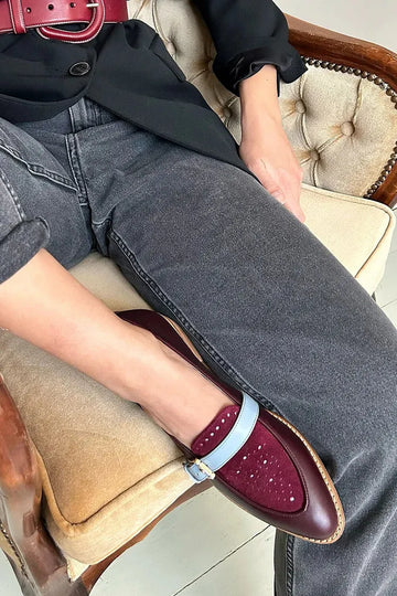 Colorblock Strap Buckle Pointed Toe Burgundy Loafers