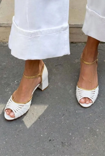 White Gold Trim Peep Toe Ankle Strap Block Heels