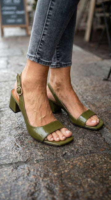 Olive Green Patent Square Toe Slingback Block Heels