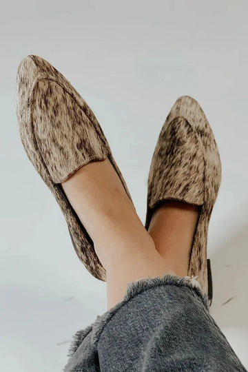 Pointed Toe Smudge Print Khaki Leather Loafers