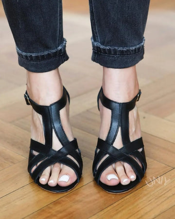 Black Leather Cross Strap T-Bar Block Heels Casual Sandals