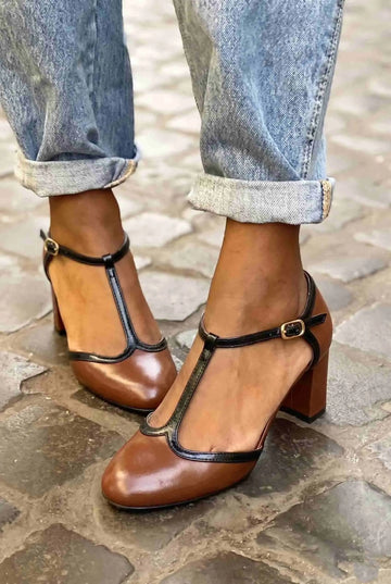 Two Tone Round Toe T-Strap Brown Block Heels