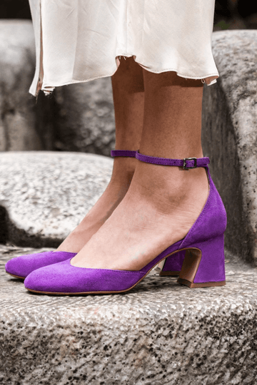 Velvet Lavender Block Ankle Strap Heels