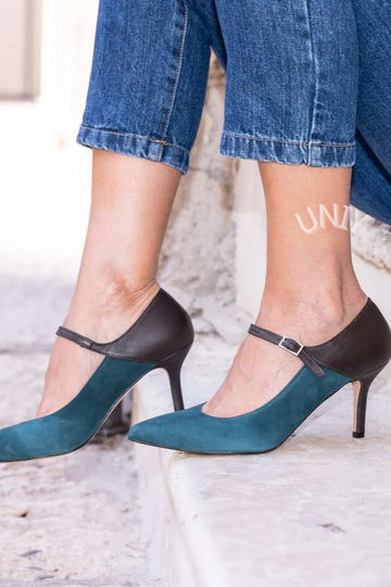 Teal and Black Pointed Toe Ankle Strap Heels
