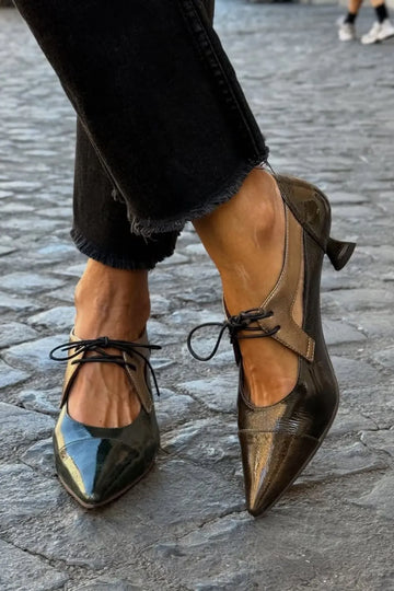 Metallic Two-Tone Pointed Toe Lace-Up Kitten Heelss