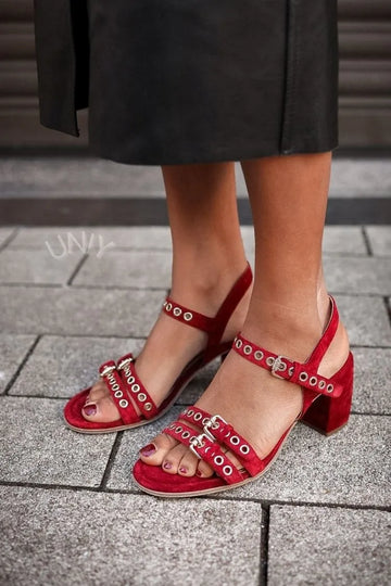 Vintage Red Faux Suede Grommet Strappy Block Heel Sandals