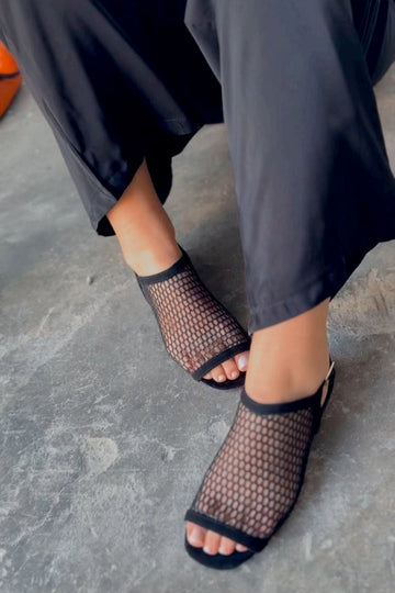 Black Round Toe Mesh Hollow Open Toe Flat Sandals