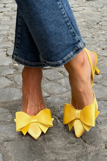 Satin Bow Pointed Toe Slingback Yellow Kitten Heels