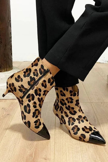 Leopard Print Pointed Toe Patchwork Beige Heel Boots