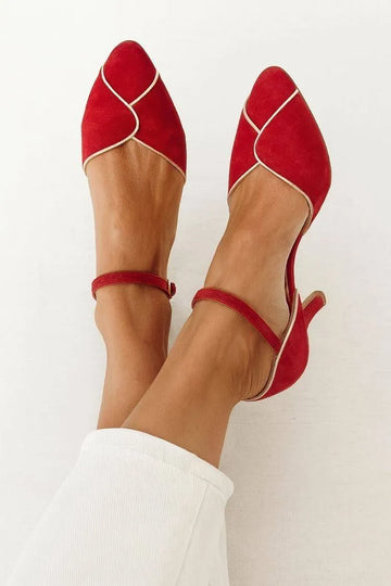 Suede Contrast Piping Ankle-Strap Pointy Kitten-Heel Classic Pumps