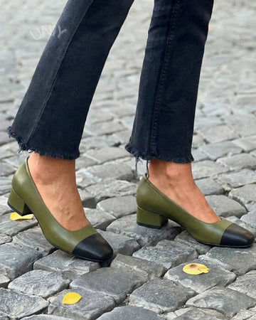Green Black Color Block Square Toe Block Heel Pumps