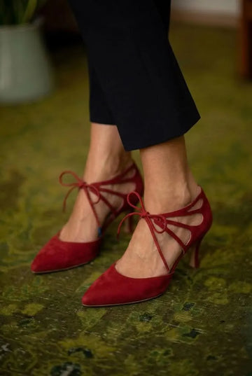 Solid Suede Pointed Toe Lace-up Red Kitten Heels