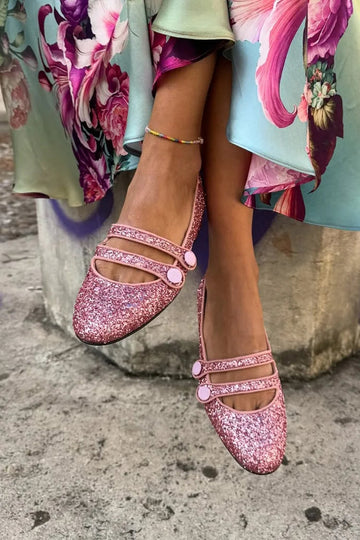Glittering Two Straps Buckles Round Toe Pink Flats