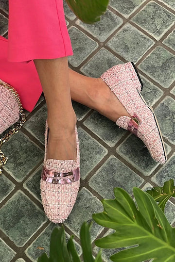 Metallic Sheen Patchwork Round Toe Pink Loafers