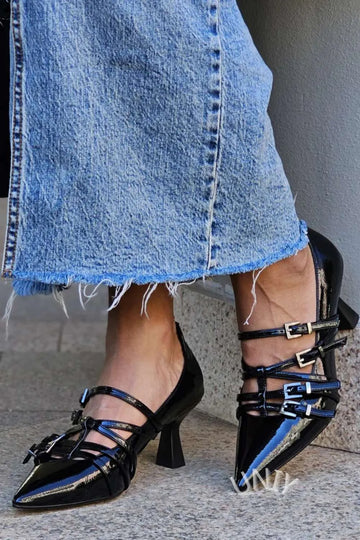 Black Patent Multi-Buckle Pointed Heels