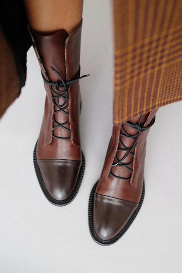 Retro Patchwork Lace Up Dark Brown Motorcycle Boots