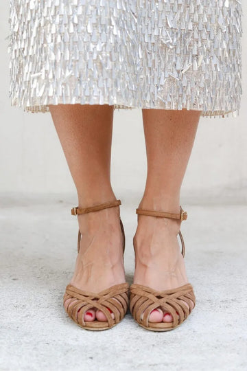 Strappy Woven Open Toe Ankle Strap Tan Block Heels