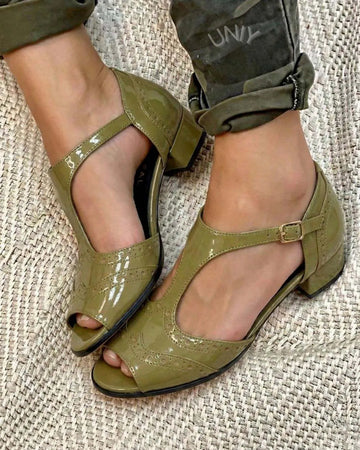 Retro Olive Patent T-Strap Peep Toe Low Block Heel Sandals
