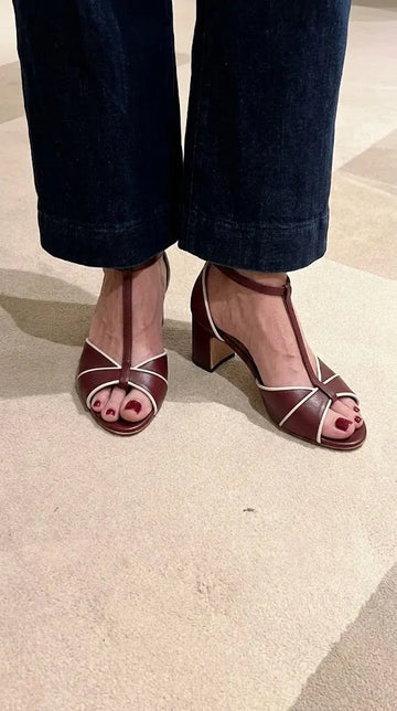 Burgundy White Piping T-Strap Block Heels