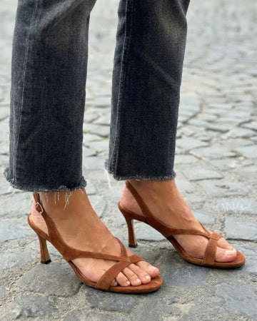 Elegant Brown Faux Suede Criss-cross Kitten Heel Sandals