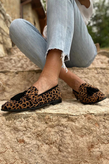 Leopard Tassels Light Decor Round Toe Print Brown Loafers