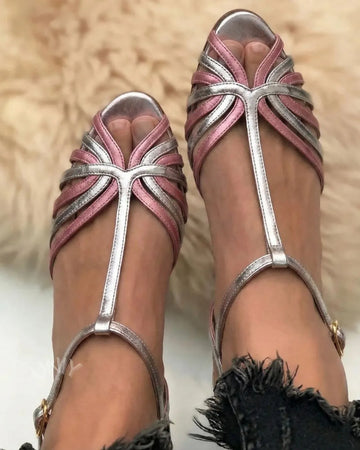 Metallic Silver Two Tone T-Strap Strappy Peep Toe Sandals