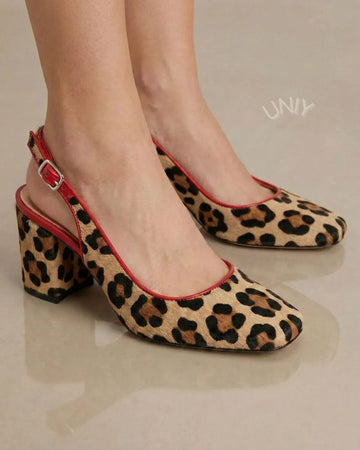 Leopard Print Red Trim Slingback Block Heel Pumps