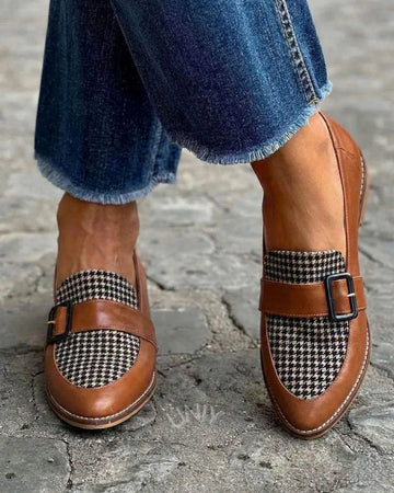 Classic Brown Houndstooth Strap Detail Casual Loafers