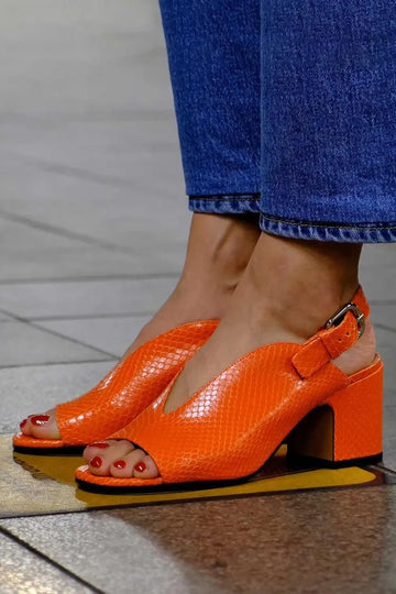 Solid Color Snake Print Open Toe Orange Chunky Heels