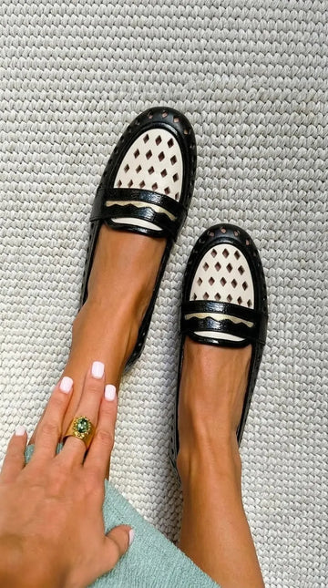 Two-Tone Laser-Cut Penny Bar Patent Loafers