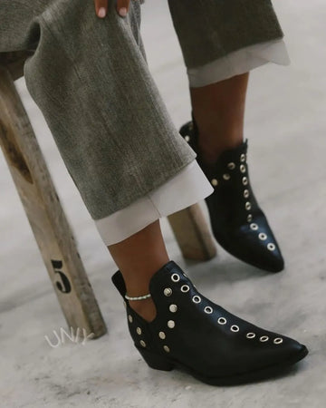 Vintage Pointed Toe Studded Low Heel Ankle Boots