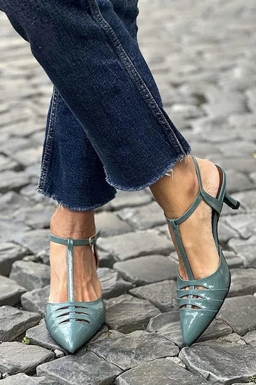 T-Strap Hollow Out Pointy Toe Green Stiletto Heels