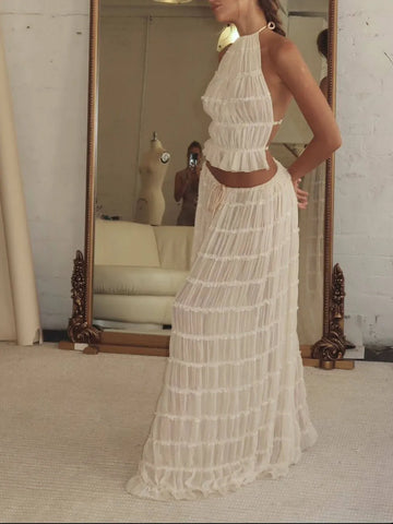 Charming Charm Pleated Drawstring Waist Tiered Maxi Skirt
