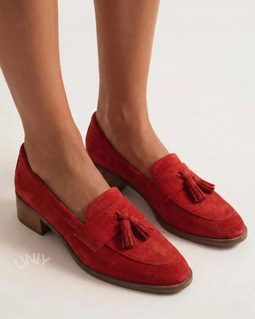 Vintage Red Faux Suede Tassel Elegant Block Heel Loafers