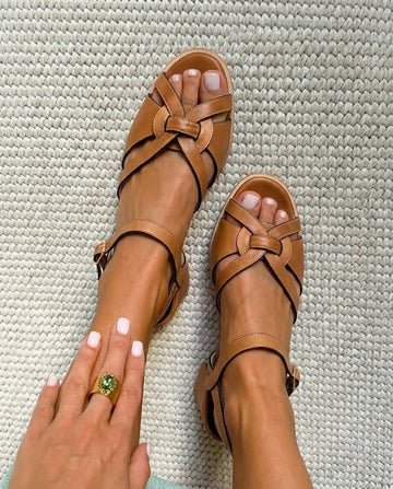 Woven Leather Open Toe Ankle Strap Tan Block Heels