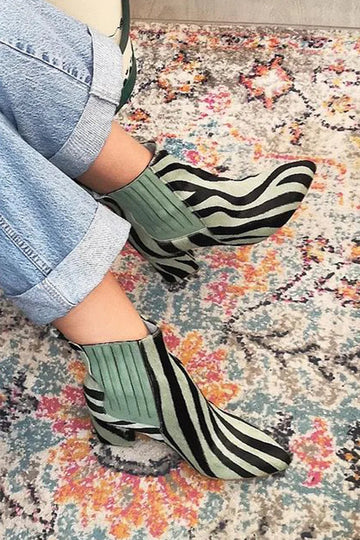 Zebra Print Pointed Toe Green Chunky Heels Boots