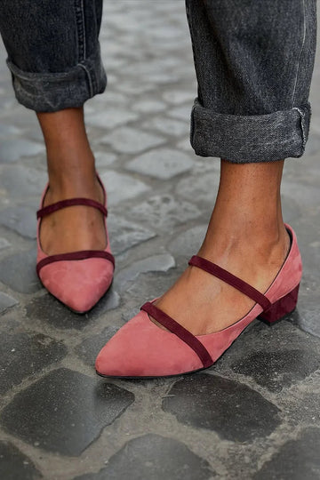 Colorblock Instep Strap Pointed Toe Pink Chunky Heels