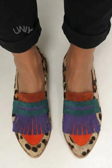Retro Leopard Print Multi Color Fringe Flat Fashion Loafers