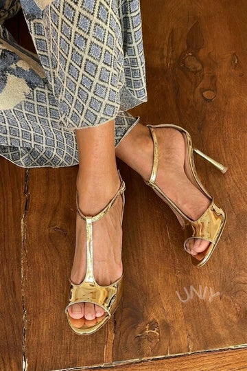 Metallic Gold Patent Round Toe T-Strap Stiletto Sandals