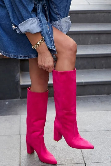 Fuchsia Patchwork Pointed Toe Faux Suede Block Heel Boots