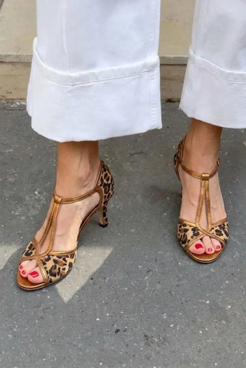 Leopard Print Peep Toe T-Strap Bronze Kitten Heels