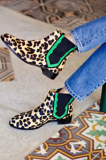 Patchwork Round Toe Leopard Print Beige Ankle Boots