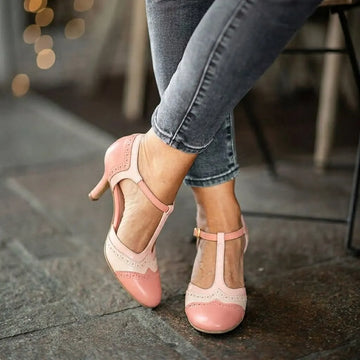 Vintage Brogue Round Toe T-Strap Pink Mid Heels