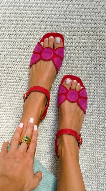 Red Pink Square Toe Ankle Strap Flat Sandals