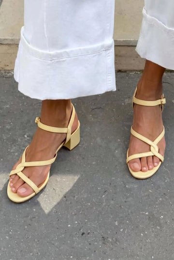 Strappy Open Toe Ankle Strap Pale Yellow Block Heels