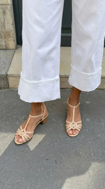 Woven T-Strap Open Toe Beige Low Block Heels